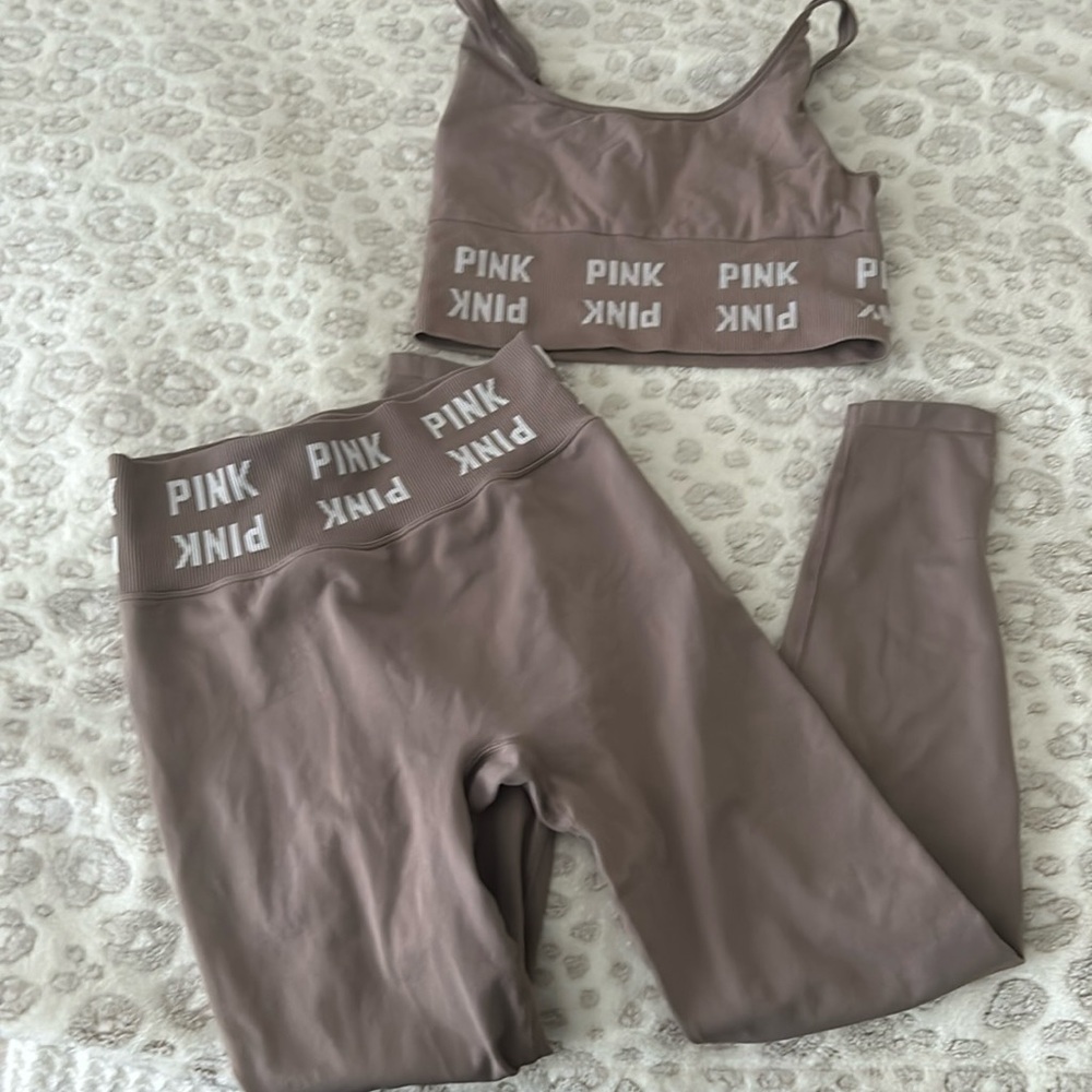 Pink athletic Victoria’s Secret seamless contour leggings and sports bra